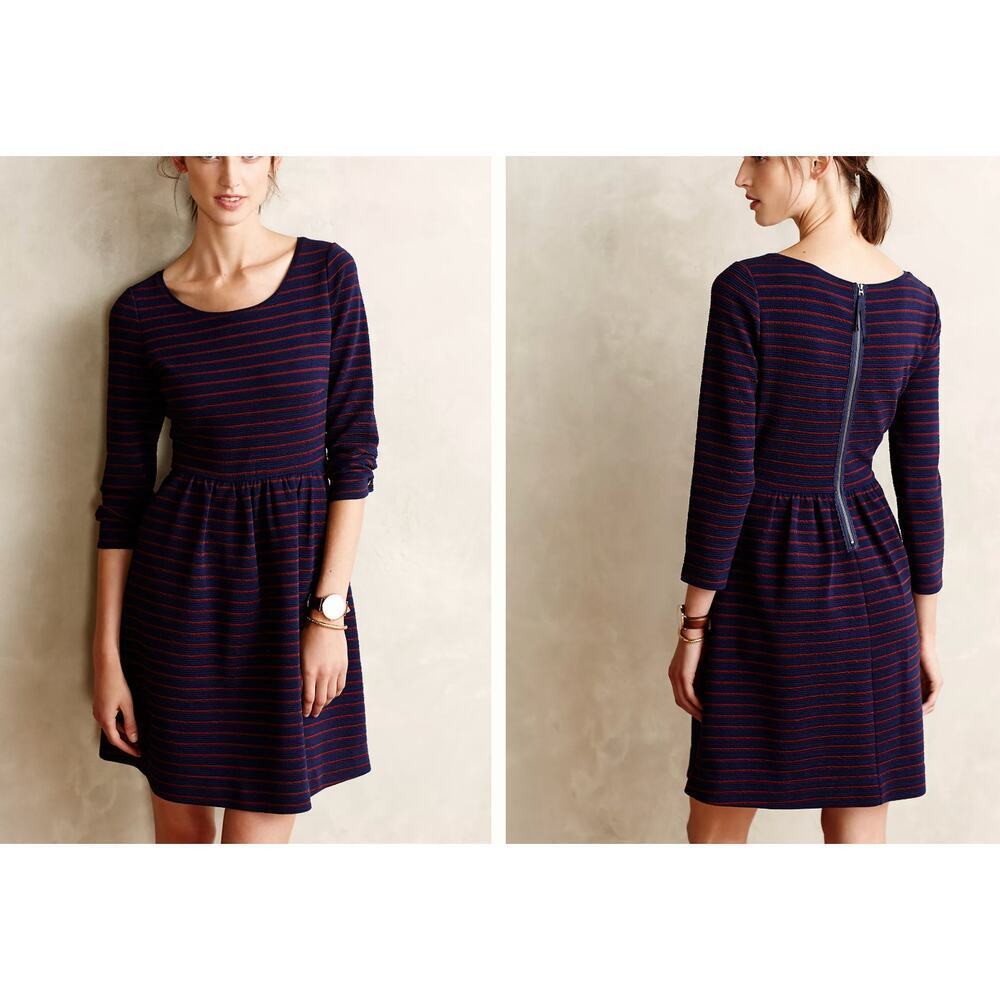 Maeve by Anthropologie Size 4 Brenna Dress Navy and Red Striped 3/4 Sleeve